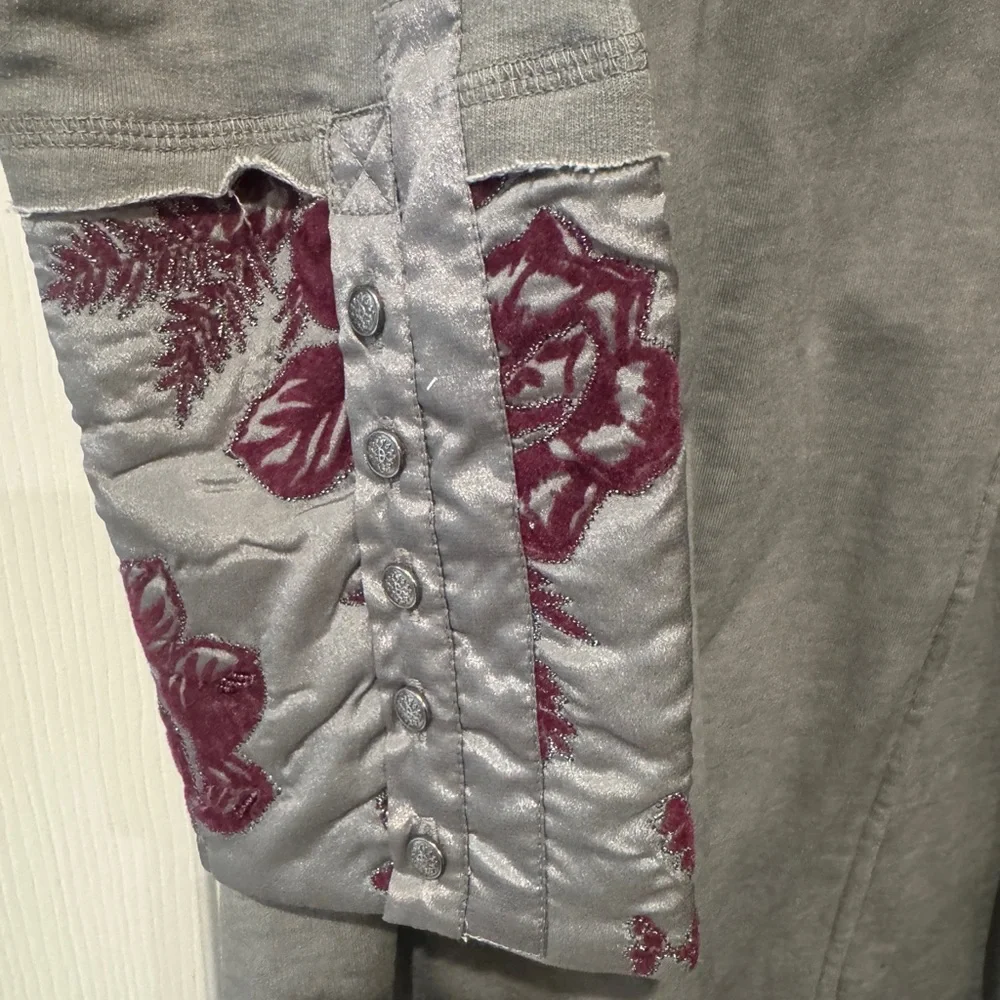 Soft Surroundings Gray Trench Coat with Burgundy Embroidery - Picture 3 of 4